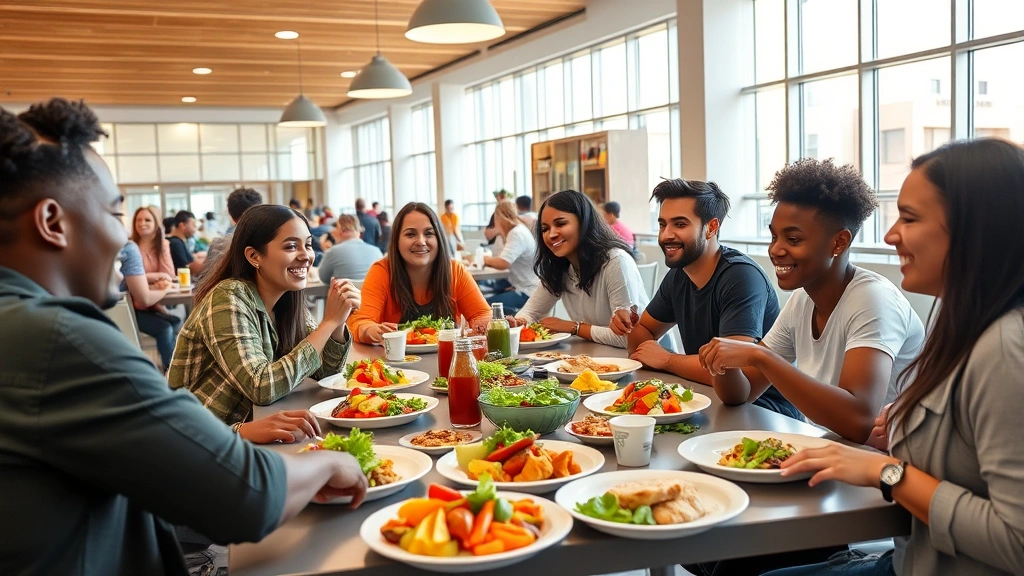 Diverse ASU students eating balanced meals in bright contemporary dining hall, fresh colorful vegetables and proteins on plates, genuine smiles and conversation, healthy food choices displayed