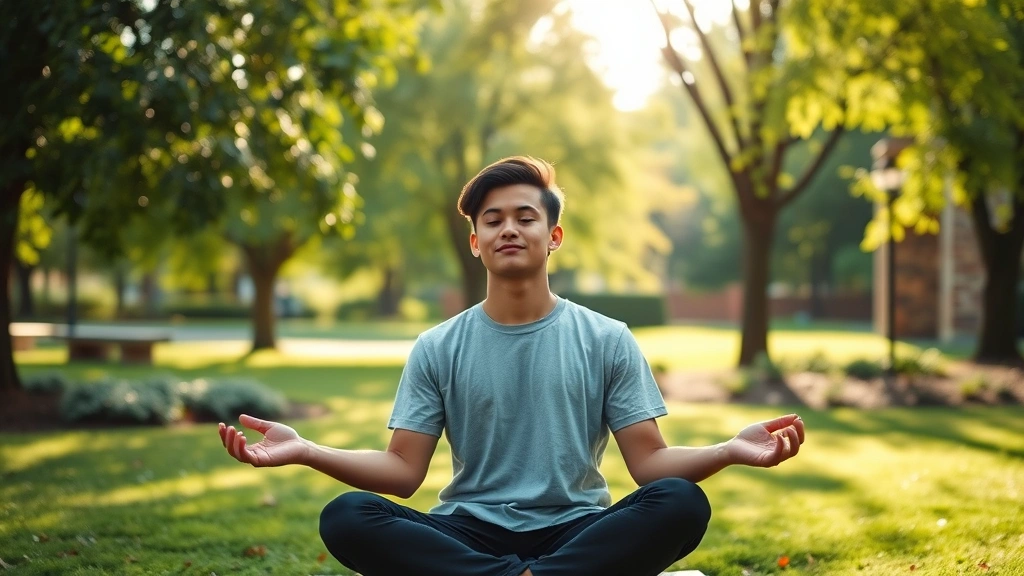 Peaceful student meditating in serene campus garden with green trees and natural landscape, morning sunlight, calm peaceful expression, wellness and mental health focus