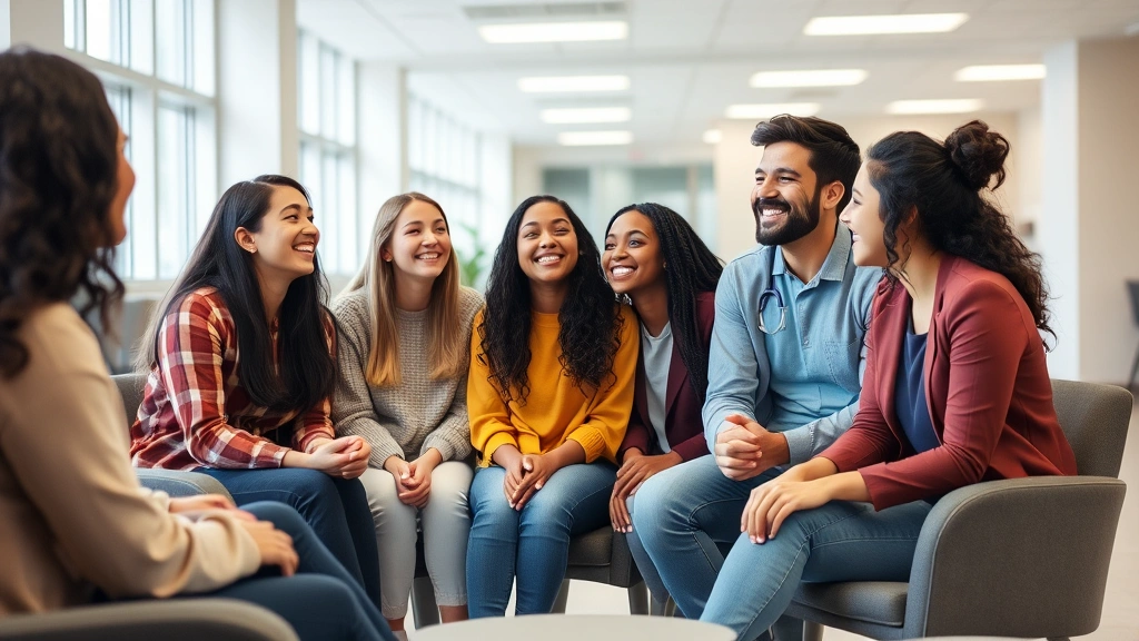 Young diverse college students laughing together in a bright, modern campus health center waiting room with comfortable seating and welcoming atmosphere