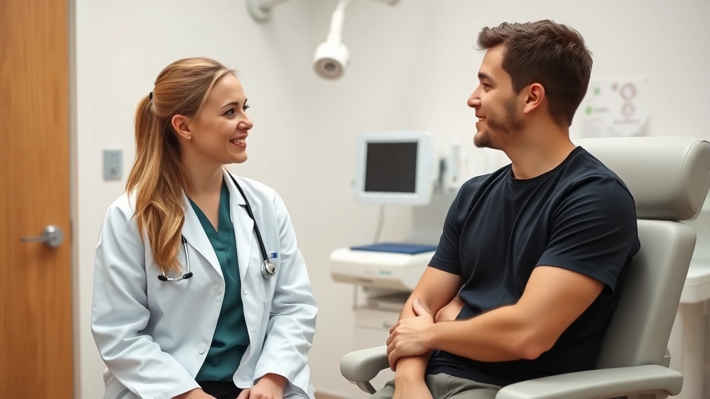 Female healthcare provider in white coat consulting with male student patient in clinical exam room, professional warm interaction, modern medical equipment visible