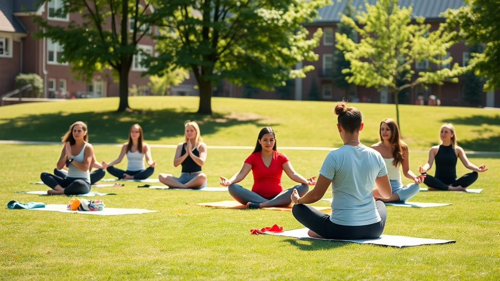 Group of students participating in outdoor wellness activity—yoga or meditation on grassy campus quad on sunny day, peaceful mindful moment