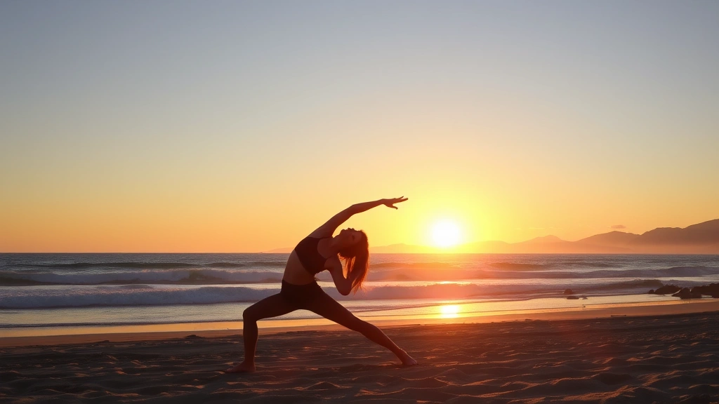 UCSB student doing yoga on beach at sunset with Pacific Ocean backdrop, peaceful stretching pose, golden hour lighting, wellness lifestyle