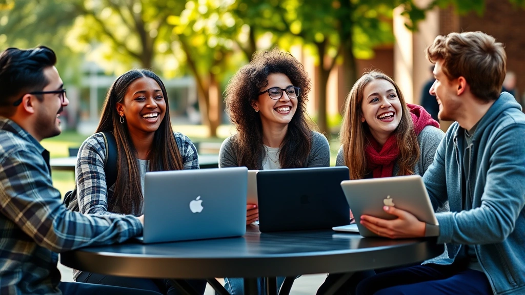 Group of students laughing together at outdoor campus cafe with laptops, genuine friendship and social connection, warm natural daylight