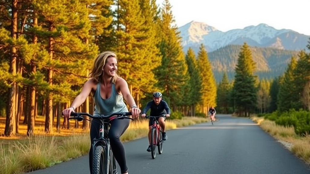 Woman in athletic wear cycling on paved Sunriver path through pine forest, mountain backdrop, golden afternoon light, healthy lifestyle, outdoor recreation