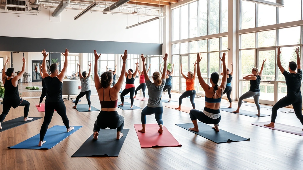 Group fitness class in modern wellness center, diverse participants doing yoga poses on mats, bright natural light, community wellness, healthy living environment