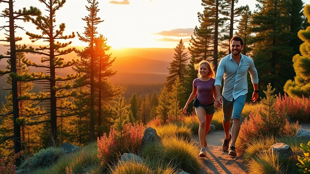 Family hiking on mountain trail in Sunriver during golden hour, evergreen trees, scenic views, smiling faces, outdoor wellness, mountain lifestyle