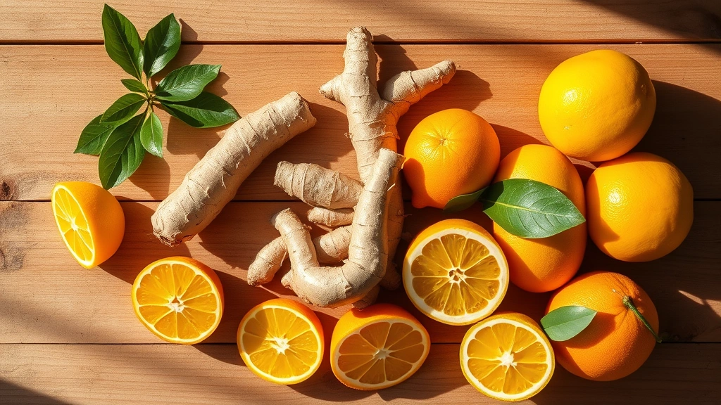 Vibrant overhead shot of golden turmeric root, fresh ginger, and bright citrus fruits arranged on natural wood surface with warm sunlight casting shadows, rustic kitchen aesthetic, photorealistic