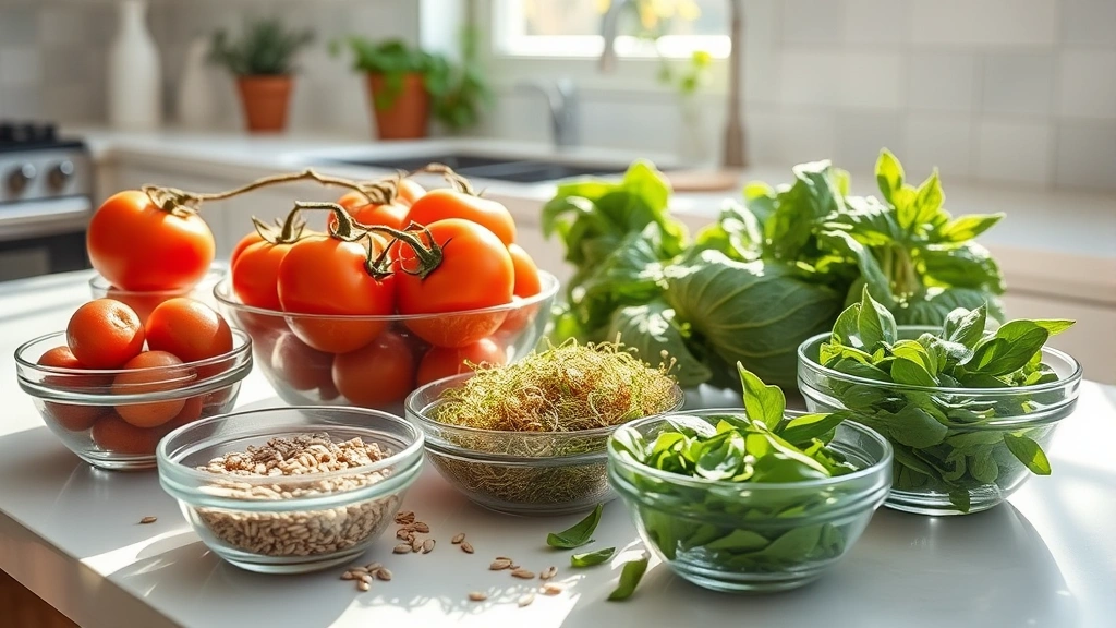 Beautiful spread of sun-ripened tomatoes, fresh leafy greens, and sprouted seeds in glass bowls on a bright kitchen counter with natural window light streaming across the scene, lifestyle photography