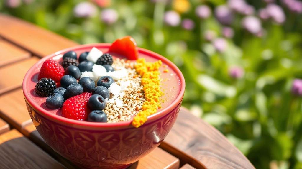 Colorful smoothie bowl topped with golden turmeric, fresh berries, coconut flakes, and sprouted seeds, placed on a sunny outdoor table with blurred green garden background, wellness lifestyle image