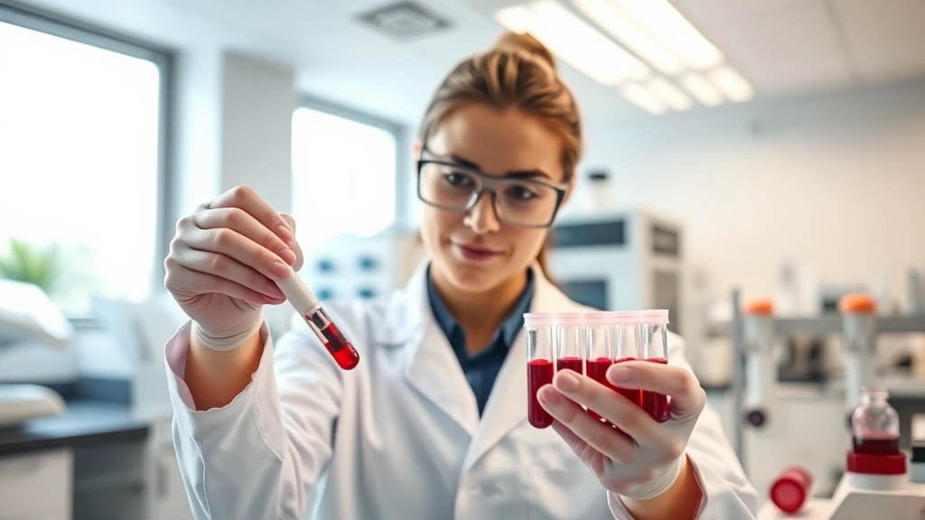 Modern medical laboratory technician in white coat carefully analyzing blood samples in transparent vials under professional lighting, organized laboratory workspace with advanced equipment in soft-focus background, clinical yet welcoming atmosphere, natural daylight through windows