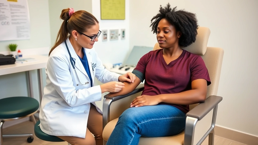 Diverse patient sitting calmly in comfortable chair during blood draw, experienced phlebotomist with gentle touch, clean bright collection room with calming colors, patient appearing relaxed and confident, professional medical environment with human warmth