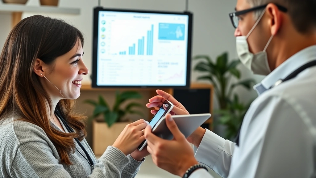 Digital health interface showing laboratory results on tablet screen, patient reviewing wellness data with satisfied expression, modern healthcare technology, graphs and charts displaying health metrics, contemporary medical office setting with natural lighting
