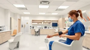 Modern medical laboratory with bright fluorescent lighting, comfortable patient seating area, professional phlebotomist in scrubs drawing blood from relaxed patient's arm, contemporary facility design with clean white walls and organized equipment