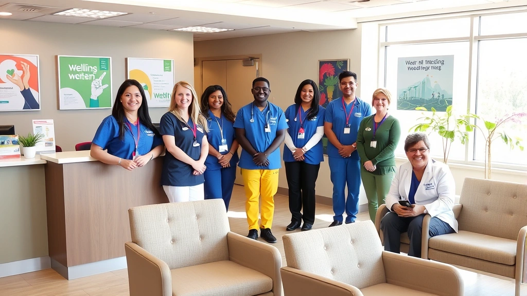Diverse group of healthcare professionals in Sutter Health uniforms smiling at reception desk, welcoming patients in bright clinic waiting room with comfortable seating, informational posters about wellness, natural light from large windows
