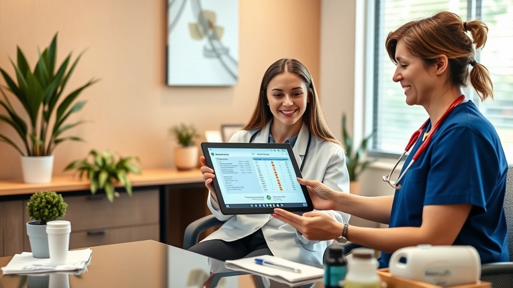 Patient reviewing test results on tablet with healthcare provider in consultation room, warm professional environment with desk covered in wellness materials, both smiling confidently, modern medical office aesthetic with plants and natural lighting