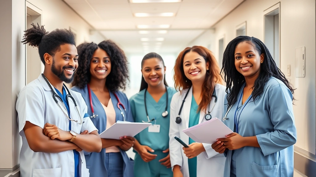 Professional diverse healthcare team collaborating in modern hospital corridor, natural light, warm smiles, professional attire, inclusive workplace environment, authentic candid moment