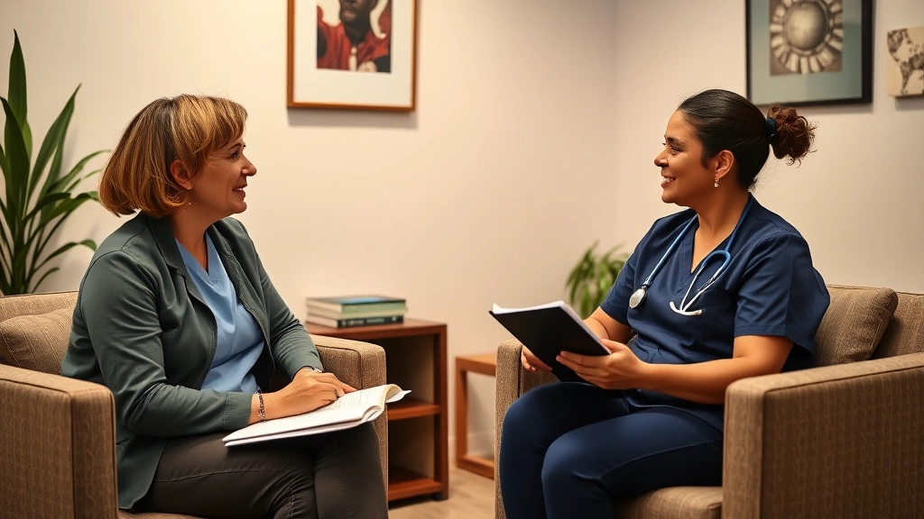 Mentor coach having engaged one-on-one conversation with healthcare worker in comfortable office setting, listening intently, notebook visible, supportive body language, warm lighting, genuine connection