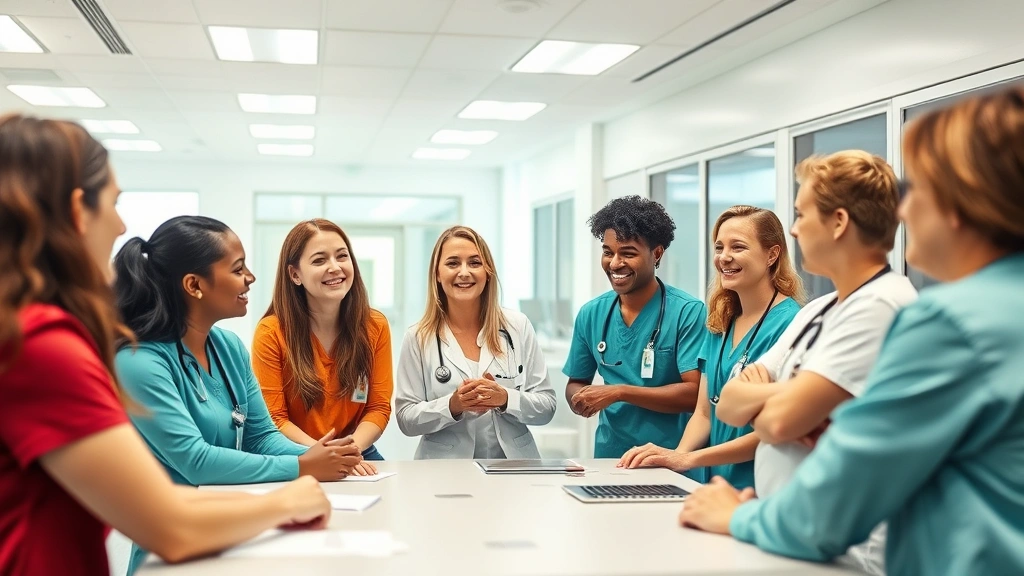 Group of hospital employees in wellness workshop, diverse participants engaged in discussion, collaborative energy, modern healthcare facility background, positive expressions, team building atmosphere