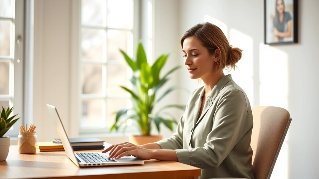 Calm professional woman in bright home office during video therapy session on laptop, natural lighting, peaceful expression, plant in background