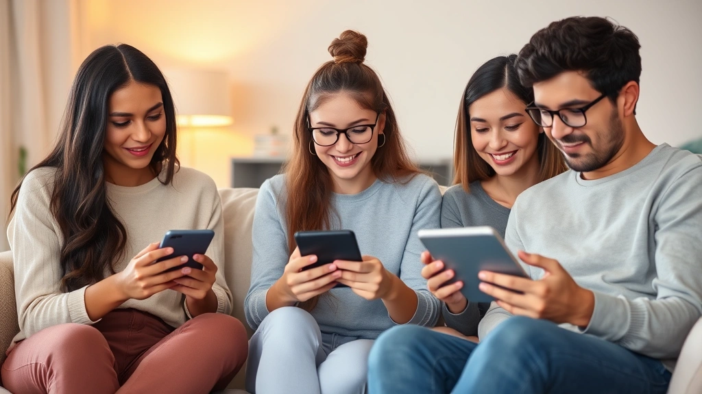 Diverse group of people using smartphones and tablets for virtual mental health appointments in comfortable home environments, warm lighting, relaxed postures