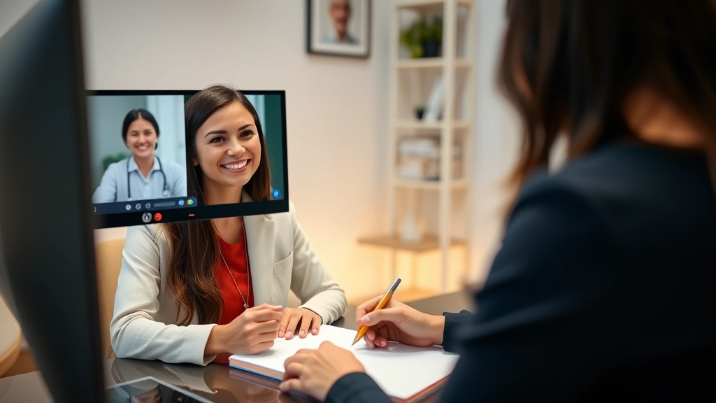Therapist taking notes while smiling during video consultation, professional but warm setting, visible computer screen showing patient connection, encouraging gesture