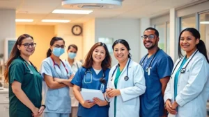 Professional healthcare workers in modern hospital setting, diverse team of nurses and doctors collaborating in bright clinical environment, modern medical equipment visible, warm lighting, professional attire, genuine teamwork moment