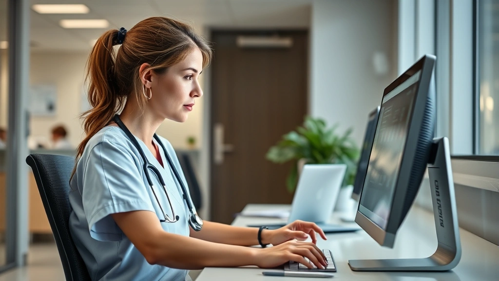 Female nurse or healthcare professional working at computer in hospital office, reviewing patient records or data, modern electronic health record system, focused and engaged, natural office lighting, professional healthcare setting