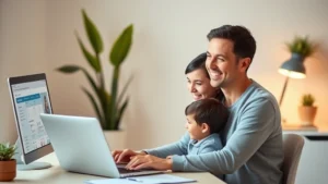 Parent sitting at home office desk with laptop, smiling while reviewing child's health information on computer screen, warm lighting, modern minimal workspace with plants