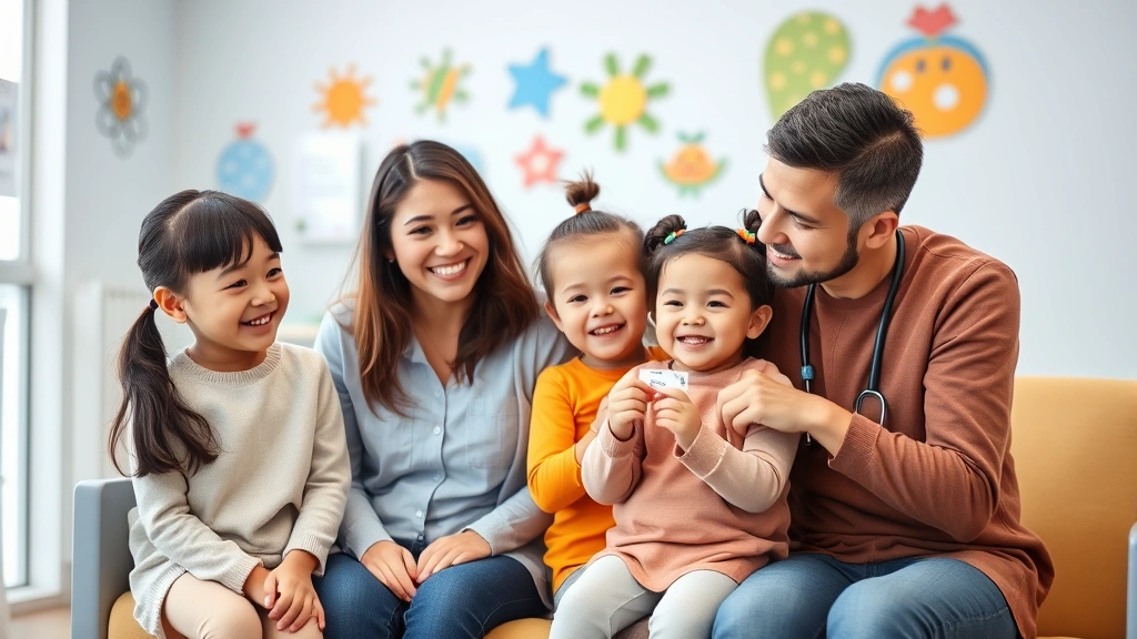 Family of four in bright pediatrician's office waiting room, child showing vaccination card to mother, friendly healthcare environment with colorful wall decorations and natural light