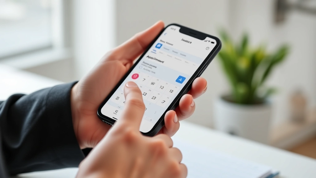 Close-up of hands holding smartphone displaying health insurance app interface with appointment calendar and medical records, clean modern design, professional setting