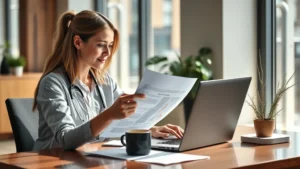 Professional woman healthcare worker reviewing financial documents at modern desk with laptop and coffee, natural sunlight, warm office environment