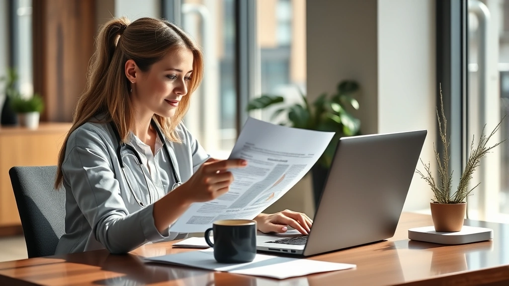 Professional woman healthcare worker reviewing financial documents at modern desk with laptop and coffee, natural sunlight, warm office environment