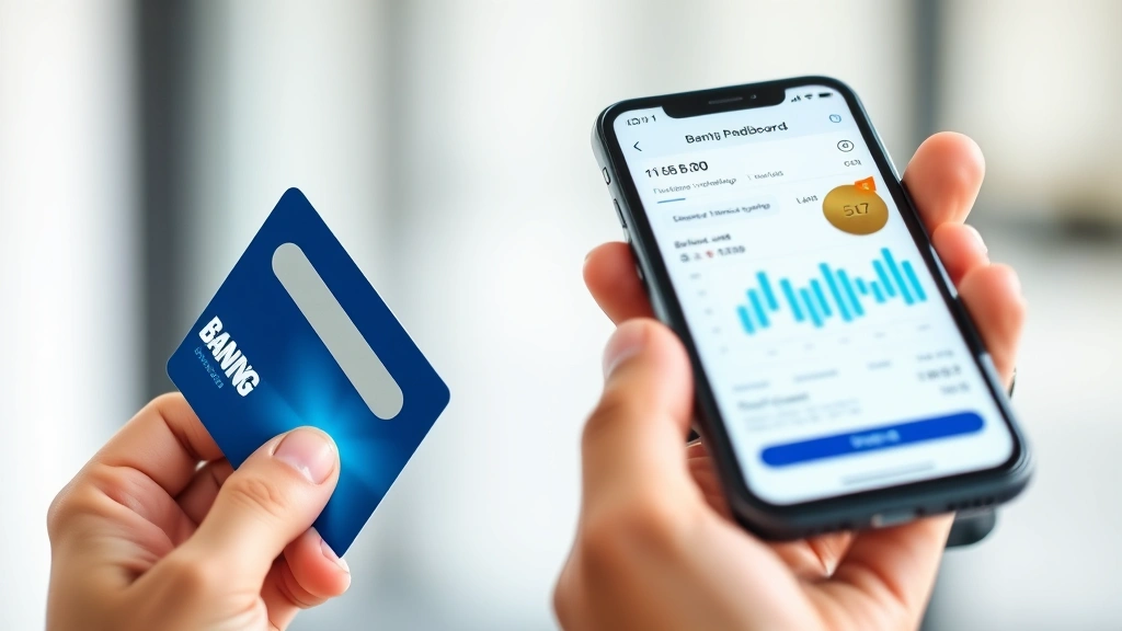 Close-up of hands holding credit card and smartphone showing banking app, financial planning dashboard visible on screen, modern minimalist background