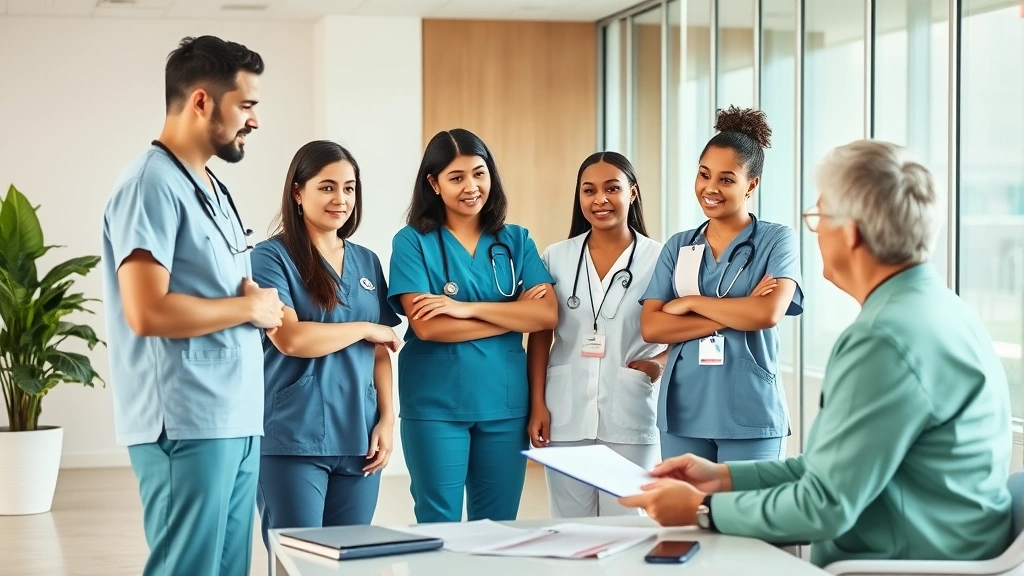 Diverse group of healthcare professionals in scrubs discussing retirement planning with financial advisor in bright office setting, collaborative atmosphere