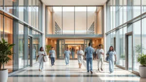 Modern hospital entrance with glass doors, natural lighting, diverse patients and staff in scrubs walking through atrium, warm welcoming atmosphere, contemporary architecture with clean lines and greenery
