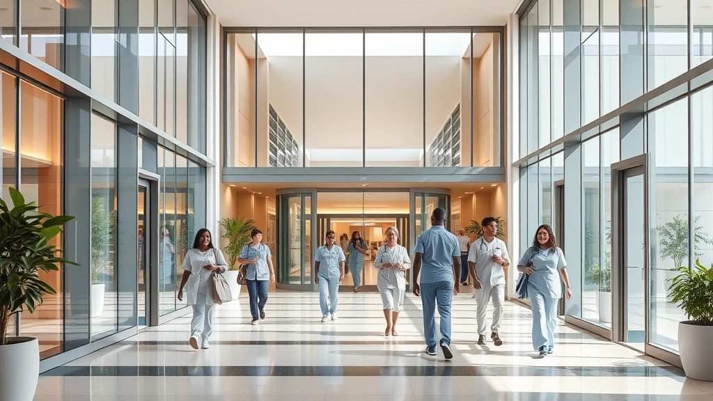 Modern hospital entrance with glass doors, natural lighting, diverse patients and staff in scrubs walking through atrium, warm welcoming atmosphere, contemporary architecture with clean lines and greenery
