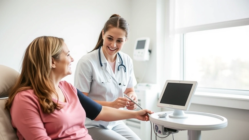 Nurse checking patient's blood pressure in bright clinical exam room, patient smiling, modern medical equipment visible, professional yet compassionate interaction, natural window light