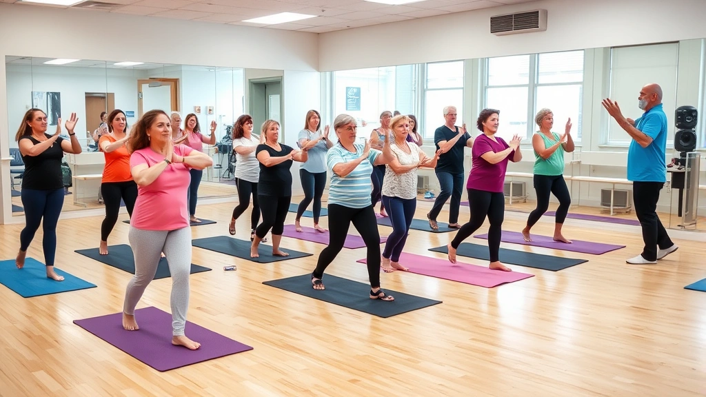 Group fitness class in hospital wellness center, diverse ages exercising together, yoga mats and light weights, instructor demonstrating poses, bright energetic studio space with mirrors