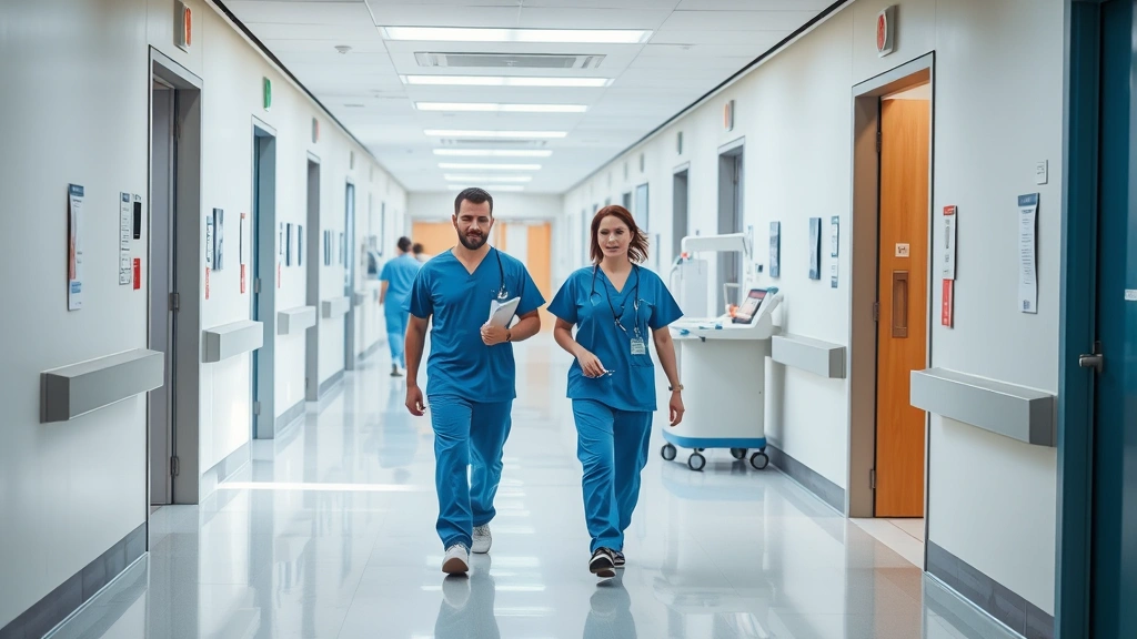 Modern hospital corridor with natural lighting, contemporary design, healthcare professionals in scrubs walking purposefully, clean bright environment, welcoming atmosphere, medical technology visible in background