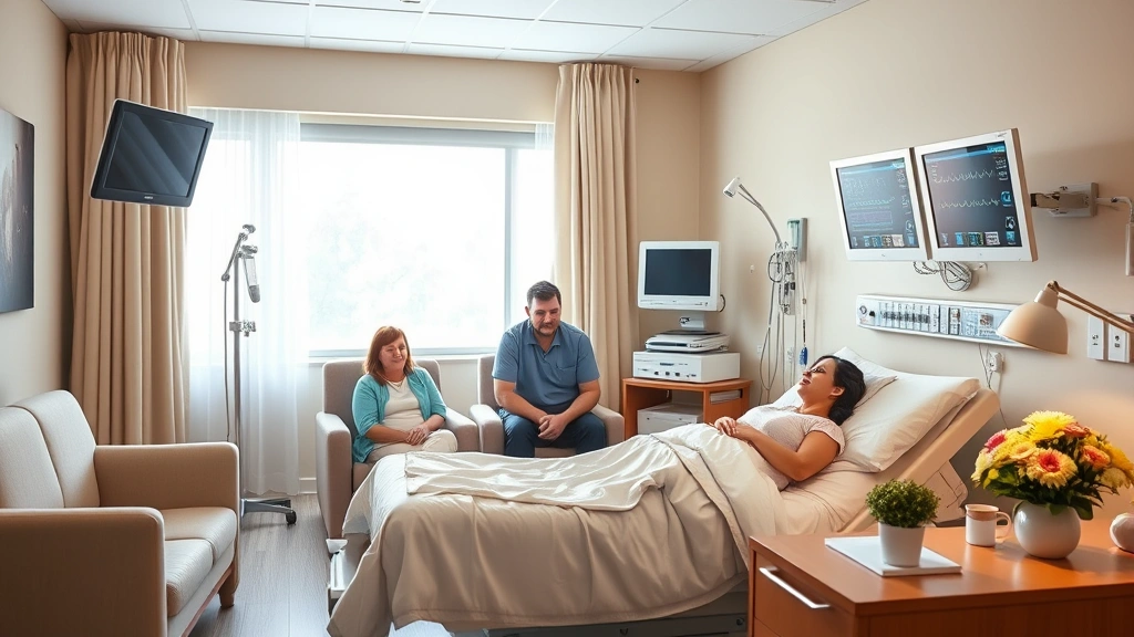 Patient recovery room with comfortable furnishings, family members present, natural window light, medical monitors displaying vitals, warm inviting space, peaceful healing environment, flowers on bedside table