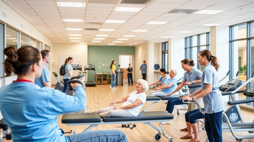 Hospital wellness center with exercise equipment, patients engaging in rehabilitation, supportive staff assisting, bright modern facility, health-conscious community members, energetic positive atmosphere, contemporary fitness space