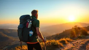 Person hiking mountain trail at sunrise, backpack with wellness items, vibrant healthy glow, scenic valley below, golden hour lighting, peaceful expression