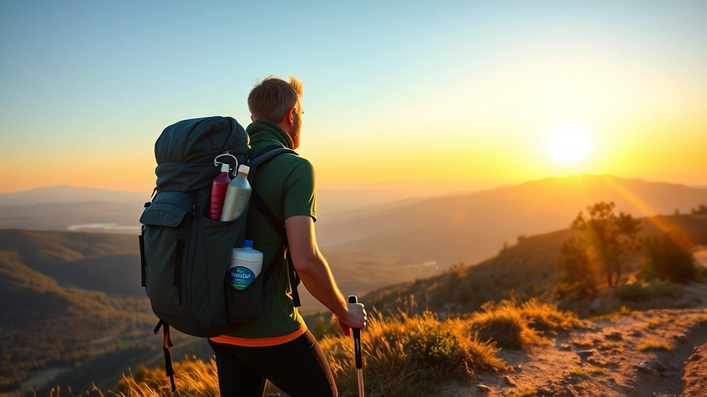 Person hiking mountain trail at sunrise, backpack with wellness items, vibrant healthy glow, scenic valley below, golden hour lighting, peaceful expression