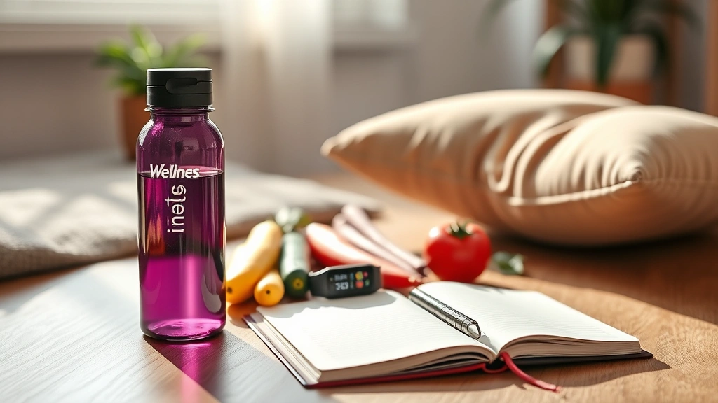 Modern wellness setup with water bottle, fitness tracker, colorful vegetables, meditation cushion, journal on wooden table, natural sunlight streaming, lifestyle aesthetic