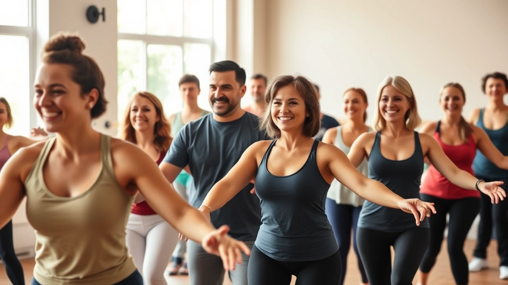Group of diverse people in wellness community class, smiling together, movement activity, natural light studio, supportive energy, health-focused atmosphere