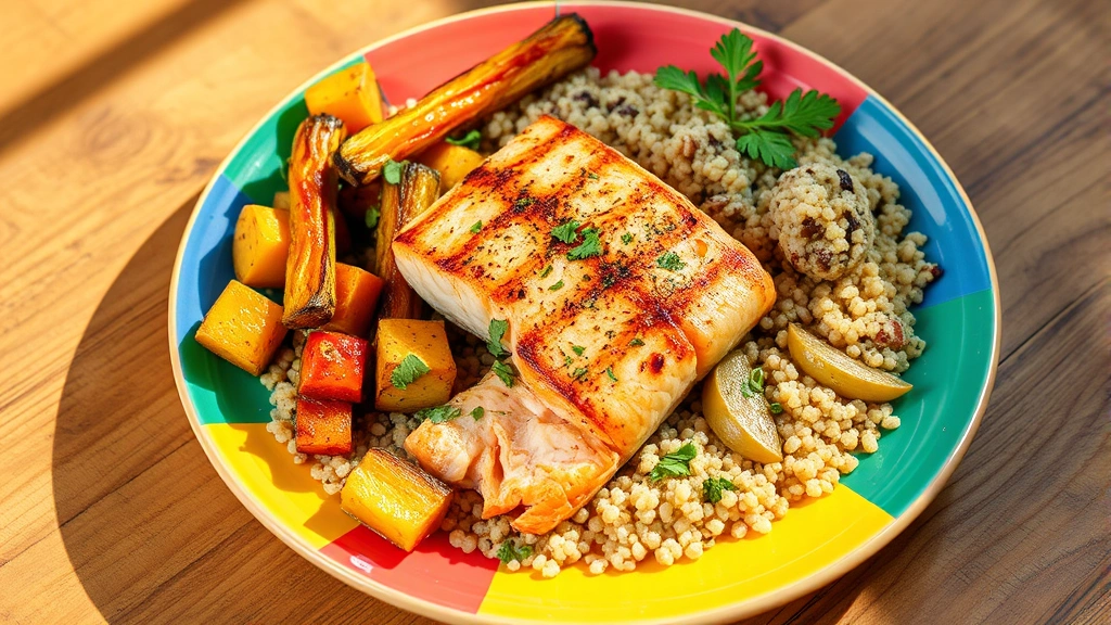 Colorful plate with grilled salmon, roasted vegetables, quinoa, and fresh herbs, wooden table, natural lighting, healthy Mediterranean-style meal, food photography