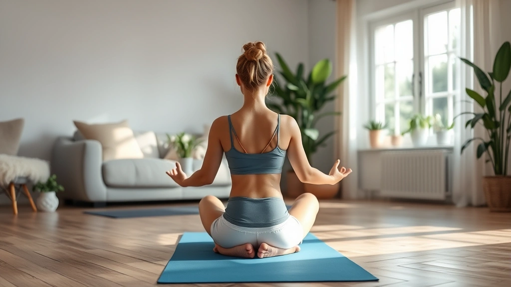 Person meditating on yoga mat in calm living room, morning light, plants in background, peaceful indoor space, mindfulness practice, wellness lifestyle