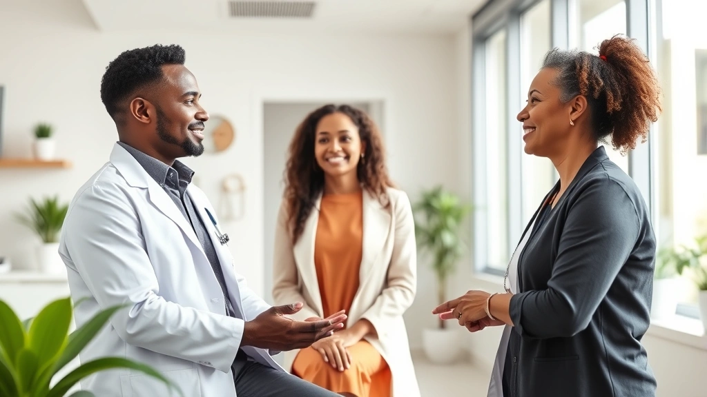 Modern medical professional in white coat consulting with diverse patient in bright, contemporary clinic interior with natural lighting and wellness-focused design elements