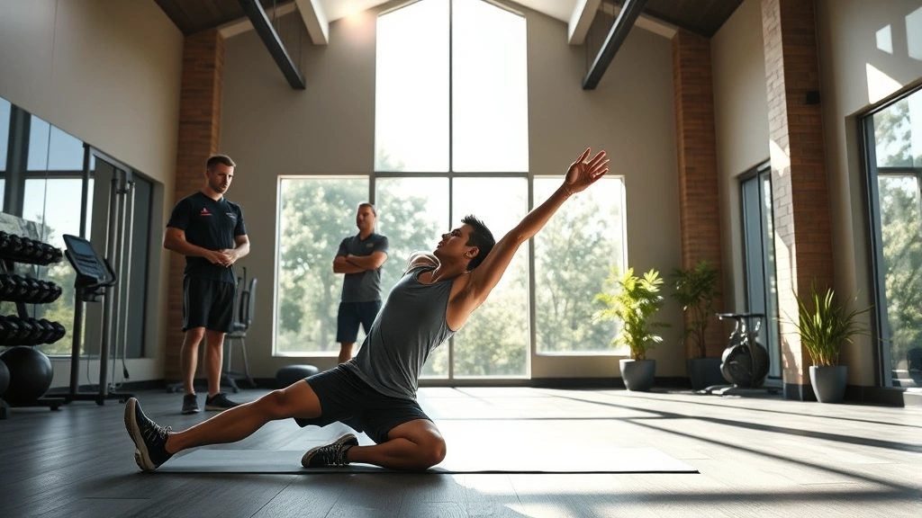 Athlete performing stretching exercise in state-of-the-art wellness facility with professional trainers observing, natural light streaming through large windows