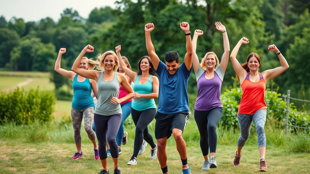 Diverse group of healthy individuals exercising together outdoors in scenic natural setting, showing vitality, strength, and wellness community engagement